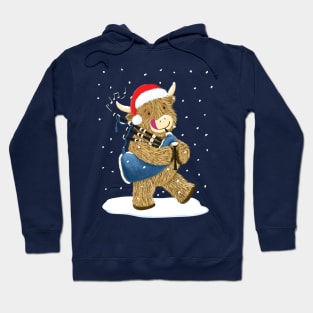 Scottish Highland Cow Piper Plays Bagpipes In Christmas Snow Hoodie